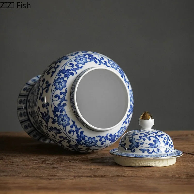 Afralia™ Blue & White Porcelain Jar with Gold Plating - Ceramic Storage & Desk Decor