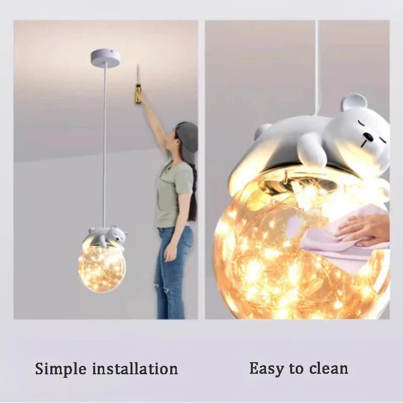 Afralia™ White Bear Bunny Chandelier: Modern Nordic Kids Room Glass Pendant Light