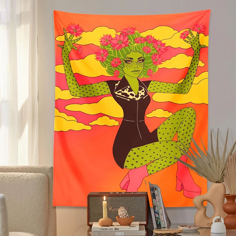 Afralia™ Cactus Girl Tapestry Wall Hanging 60s Flower Psychedelic Retro Boho Decor