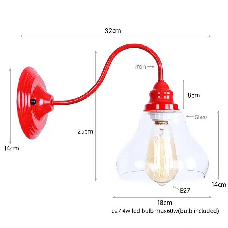 Afralia™ Vintage Loft Red Glass LED Wall Lamp for Indoor Living Spaces