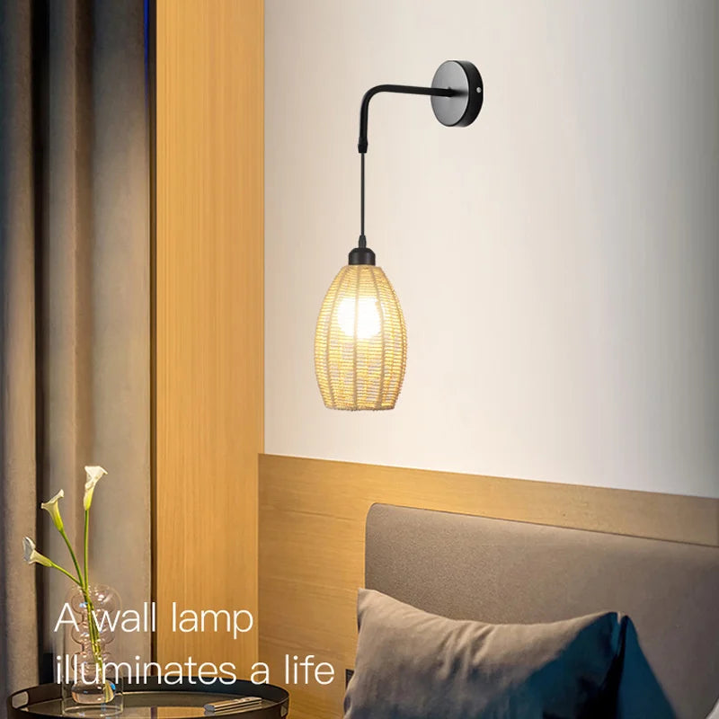 Afralia™ Rustic Rattan Wall Lamp Industrial Style for Hotel Bedroom Corridor Restaurant