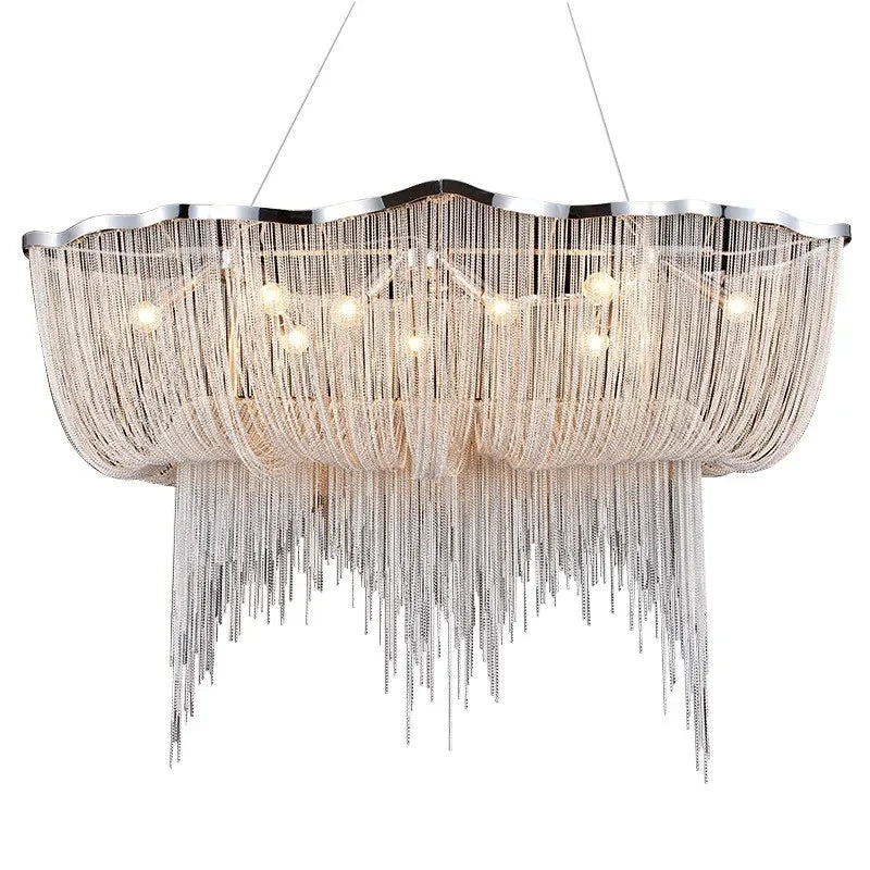 Afralia™ Modern Silver Aluminum Chain Chandelier Luxury Pendant for Hotel Restaurant Decor.