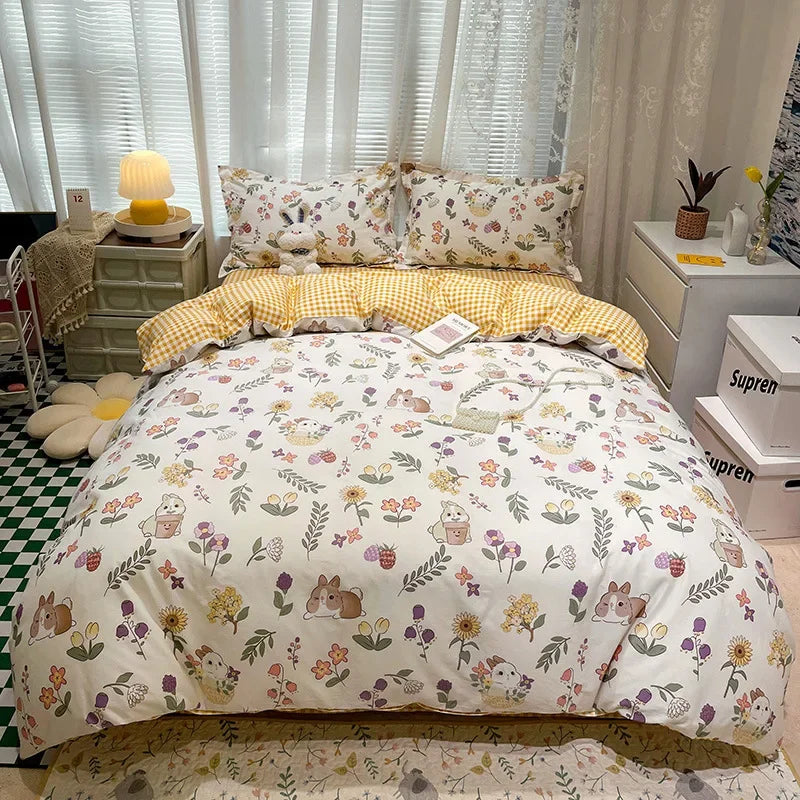 Afralia™ Flowers Print Cotton King Size Bedding Set, Soft & Comfortable Duvet Cover Set