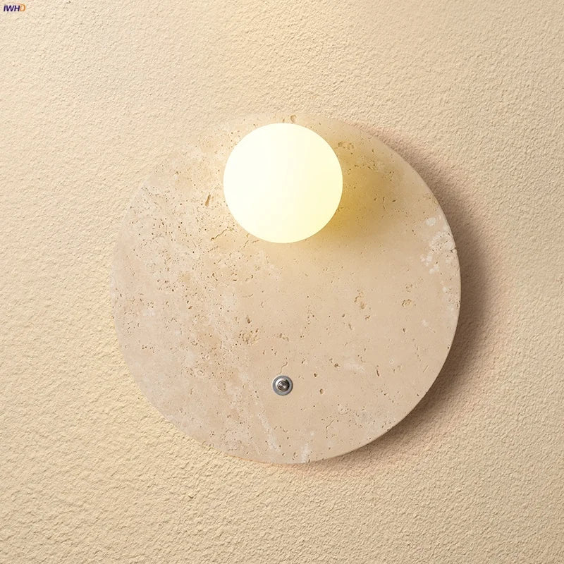 Afralia™ White Glass LED Wall Lights Yellow Travertine Stone Modern Disc Switch Bedside Lamp