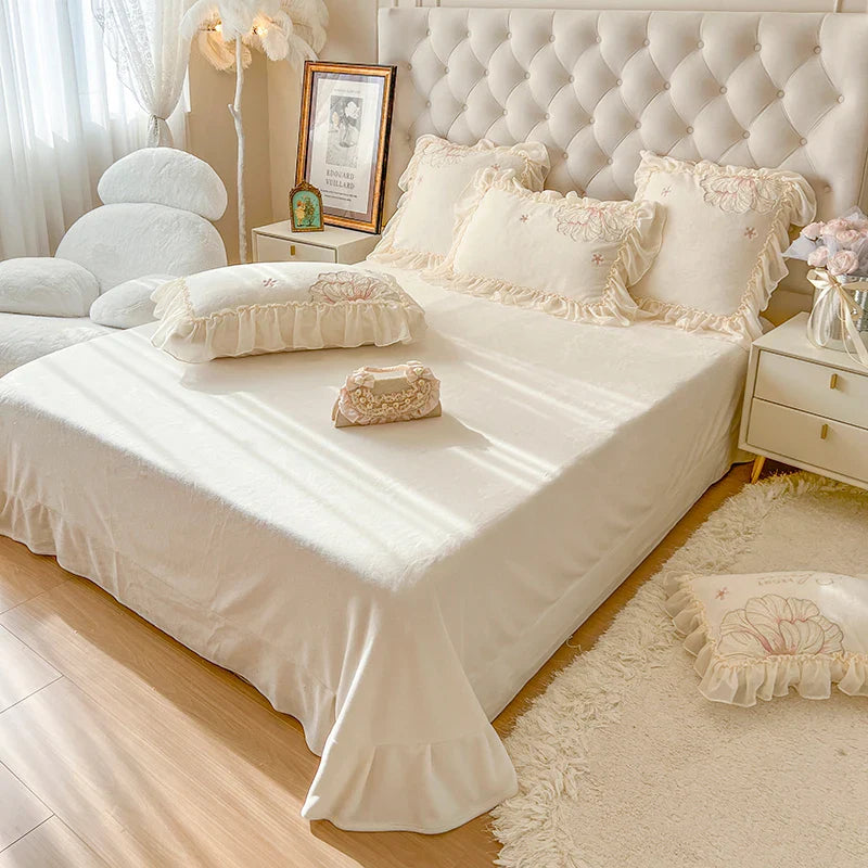 Afralia™ French Princess Wedding Bedding Set, Lace Ruffles, Flowers Embroidery.