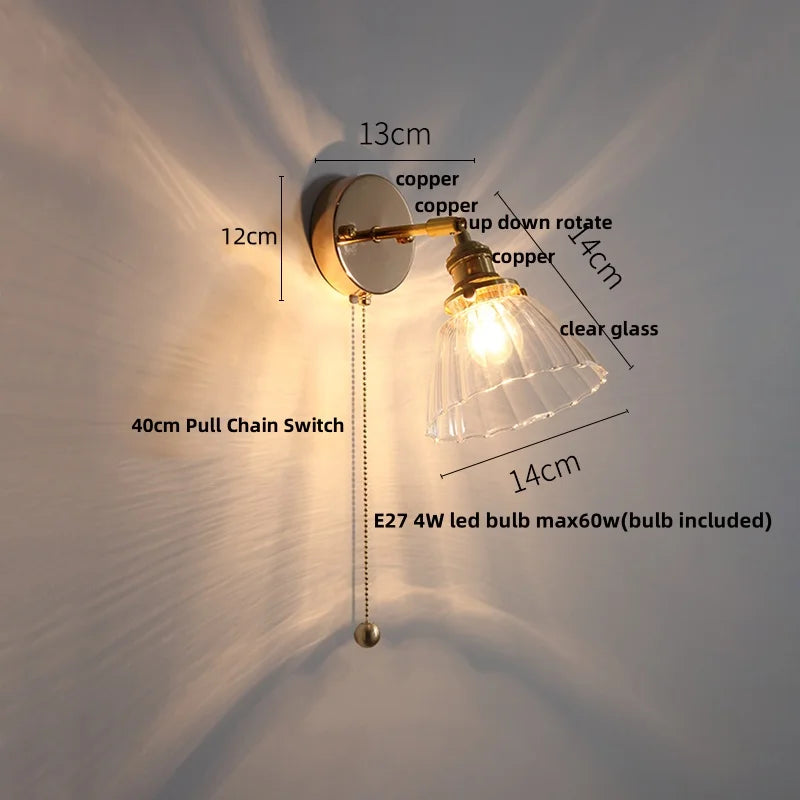 Afralia™ Glass Rotate Copper Wall Sconce | Pull Chain Switch LED Light Fixture