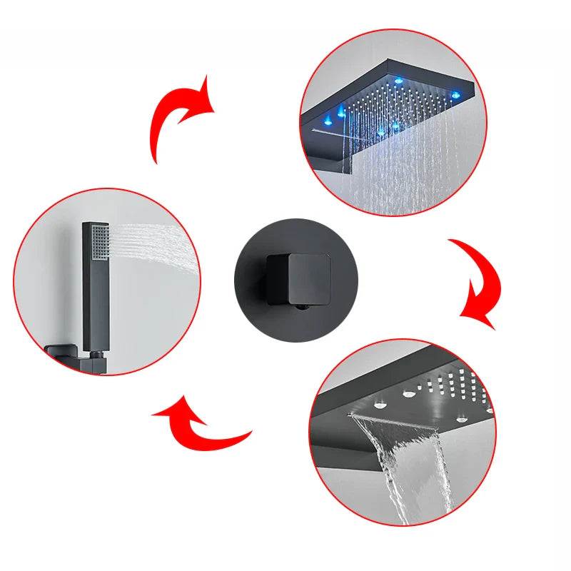 Afralia™ Matte Black LED Waterfall Shower Faucet Set Wall Mounted Brass Mixer Valve
