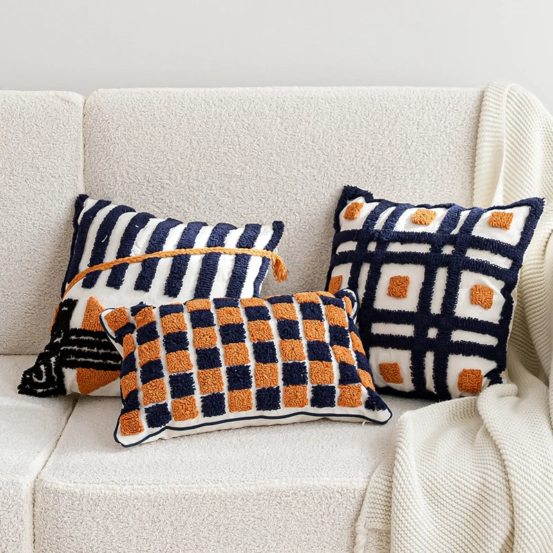 Afralia™ Boho Tufted Pillow Cover Navy Burnt Orange 45x45cm Square for Home Decoration