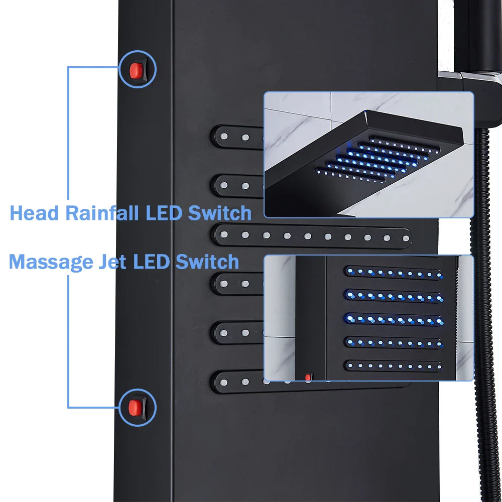 Afralia™ Black LED Shower Column with Massage Jets and Waterfall Mixer Tap