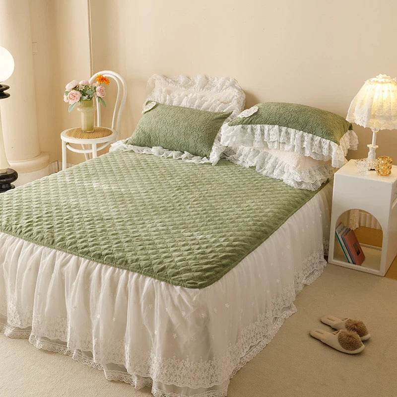 Afralia™ Luxe Carved Velvet Lace Ruffles Bedding Set with Quilted Bed Skirt