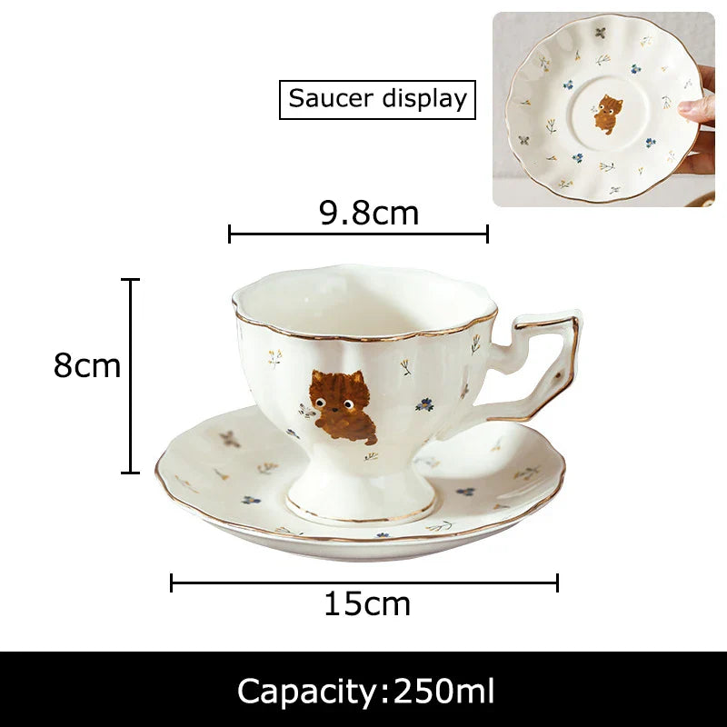 Afralia™ Cartoon Kitten Pattern Porcelain Coffee Mug Set Ayshacollection