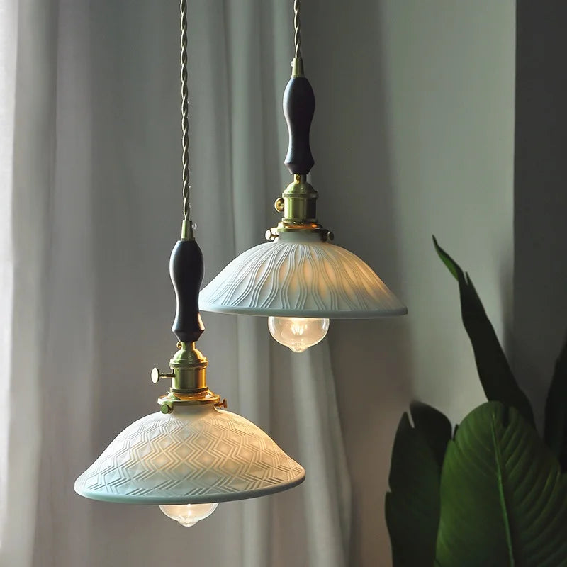 Afralia™ Copper Ceramic LED Pendant Lights Walnut Wood Hang Lamp