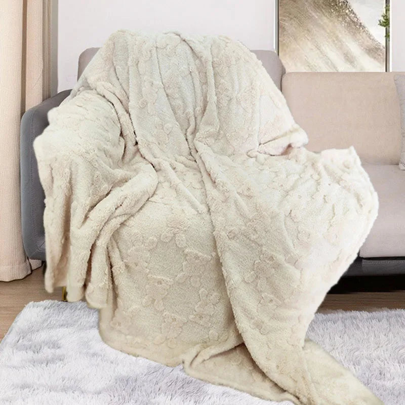 Afralia™ Solid Jacquard Coral Fleece Blanket | Multi-Purpose Sofa Throw Blanket