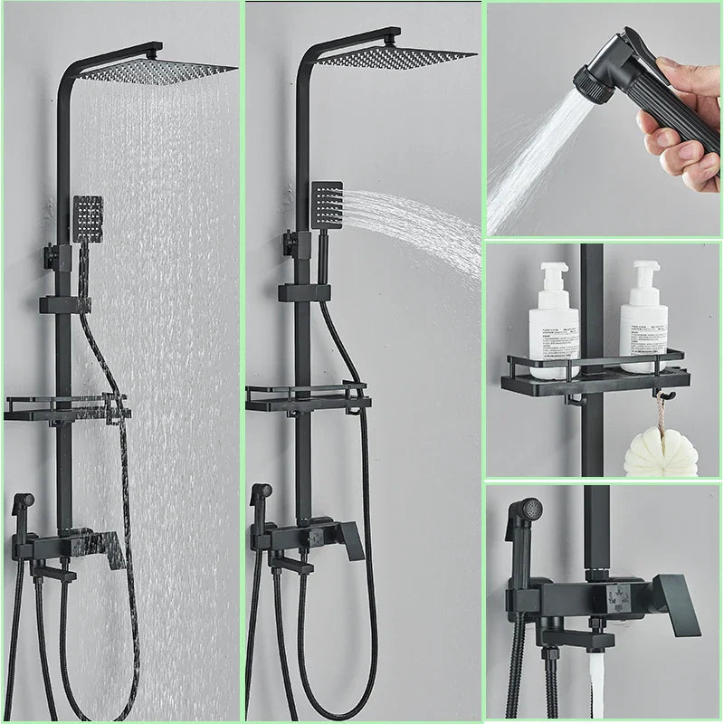 Afralia™ Black Brass Shower Faucet Set with Rotatable Tub Spout and Rain Shower Column