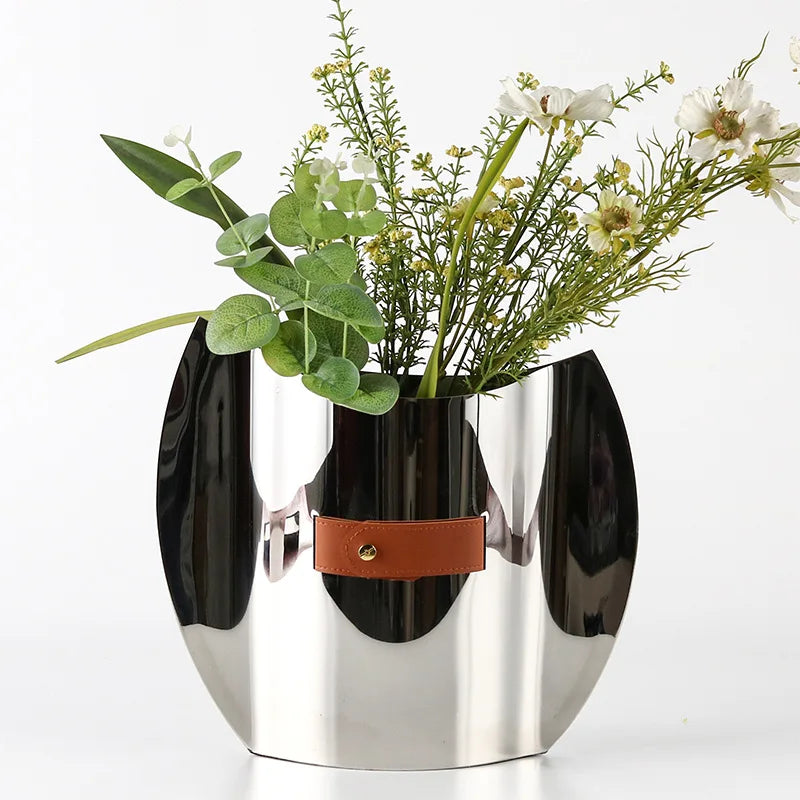 Afralia™ Stainless Steel Oval Vase for Home Decor & Flower Arrangement
