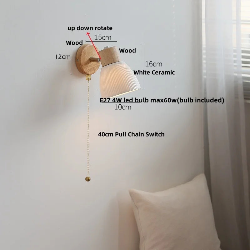 Afralia™ Ceramic LED Wall Lights with Pull Chain Switch, Modern Wood Base Bedside Lamp