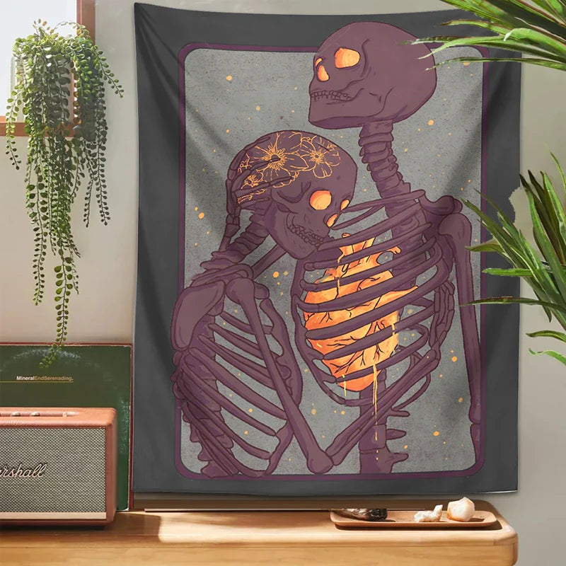 Afralia™ Skull Lover Heart Couple Psychedelic Tapestry Wall Hanging Bouquet Blanket