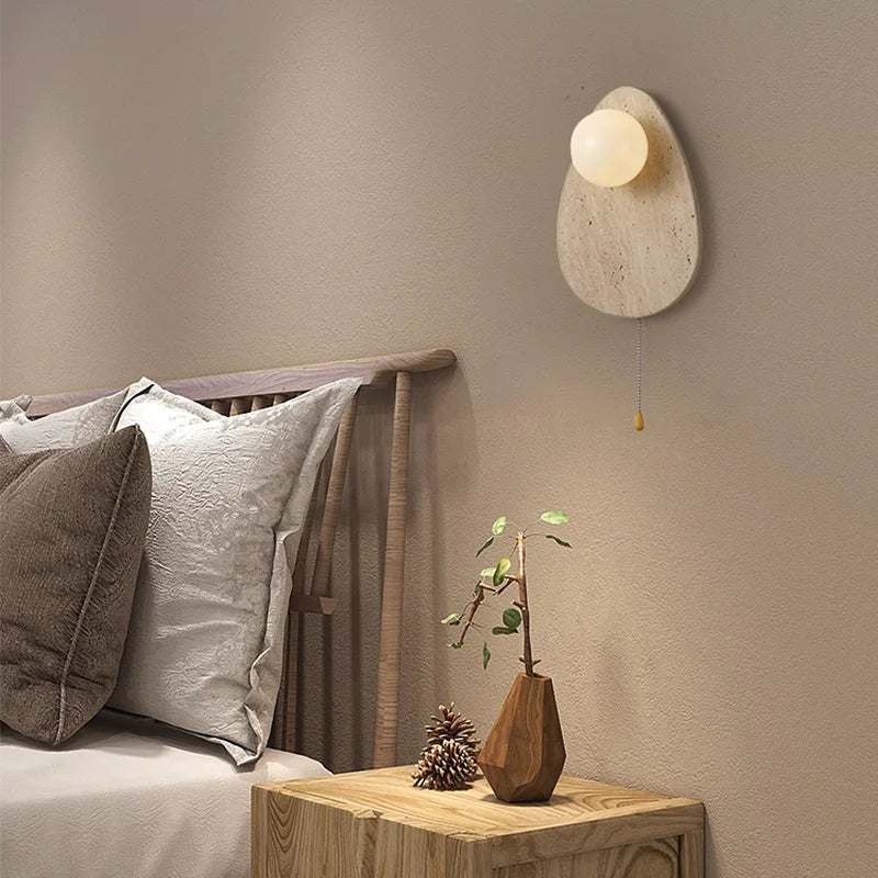 Afralia™ Stone Art Wall Lamp with Glass Lampshade and Pull Chain