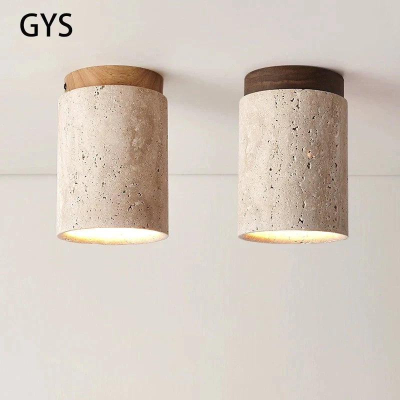 Afralia™ Japanese Style Stone Wood Round LED Ceiling Lamp for Living Room and Corridor