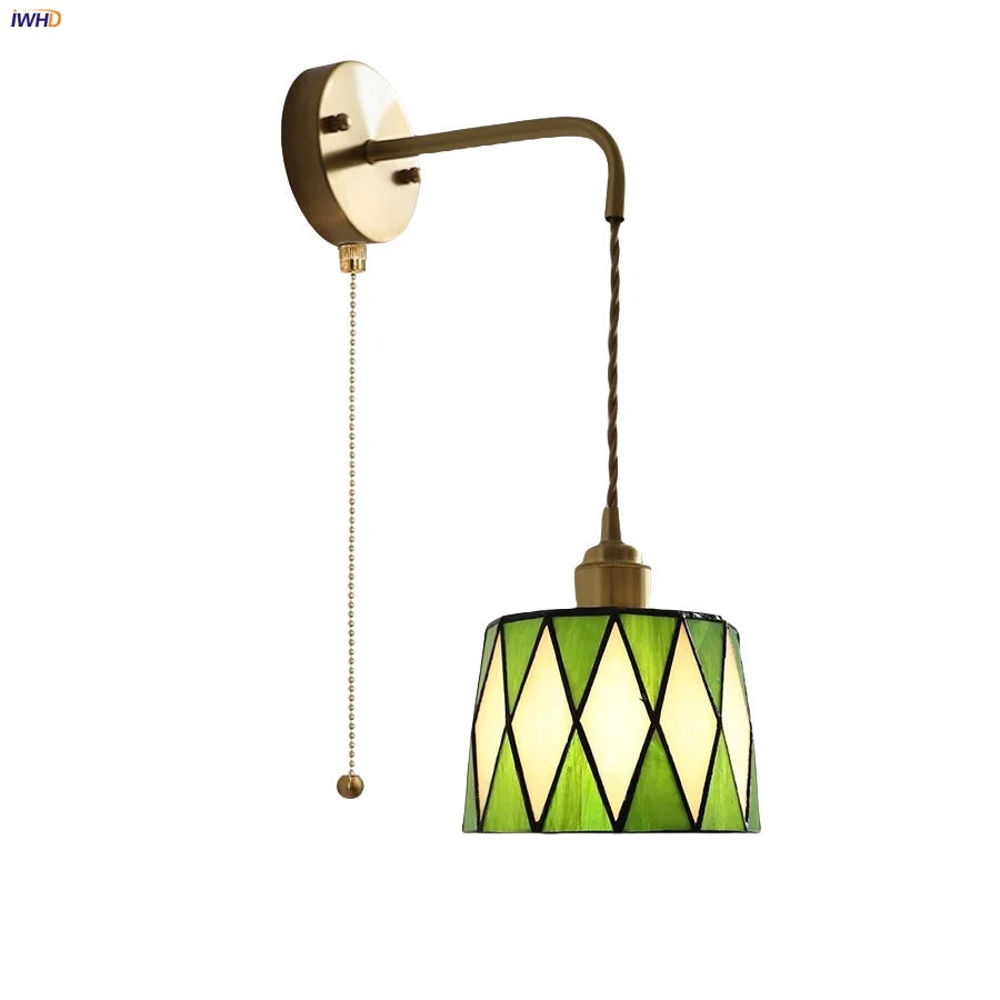 Afralia™ Tiffany Glass LED Wall Sconce | Adjustable Wire Fixture | Modern Pull Chain Switch