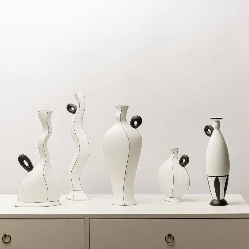 Afralia™ Geometric Black Lines Resin Vase - Handcrafted Floral Home Decor