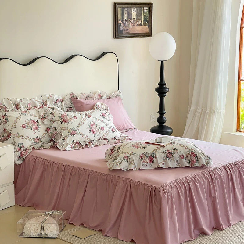 Afralia™ Vintage Rose Lace Ruffles Bedding Set - 100% Cotton French Style