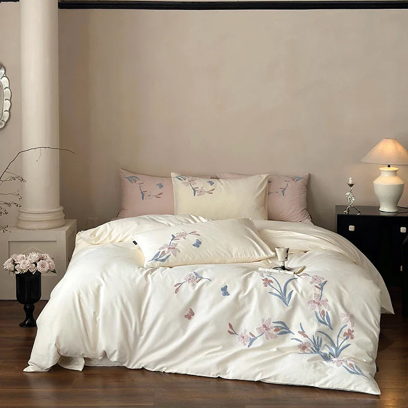 Afralia™ Elegant Flower Embroidery Cotton Bedding Set - Single Queen King Sizes