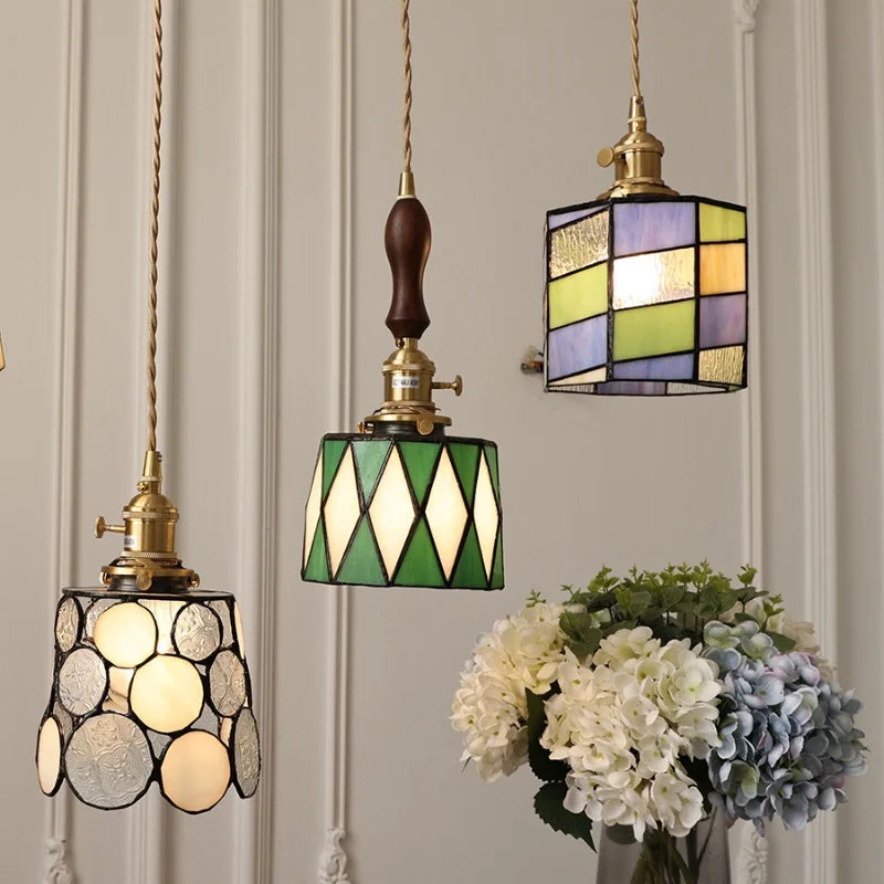 Afralia™ LED Glass & Wood Pendant Lamp Vintage Copper Hanging Lights