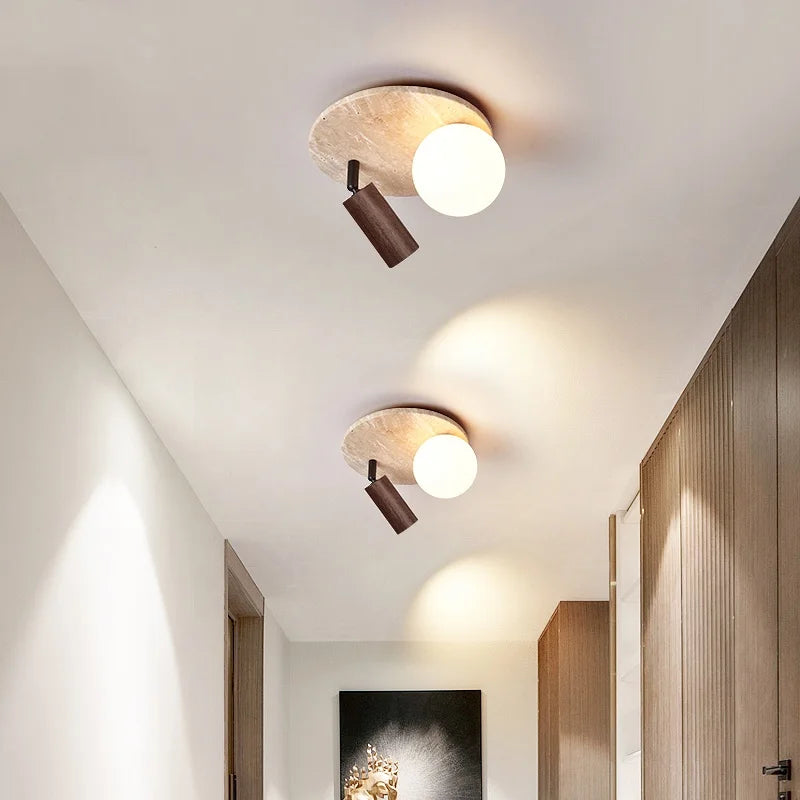 Afralia™ LED Rotatable Ceiling Lamp White Glass Yellow Travertine Wood Nordic Modern