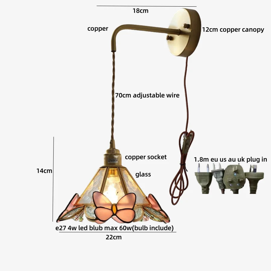Afralia™ LED Butterfly Glass Wall Lamp Sconce with Pull Chain Switch