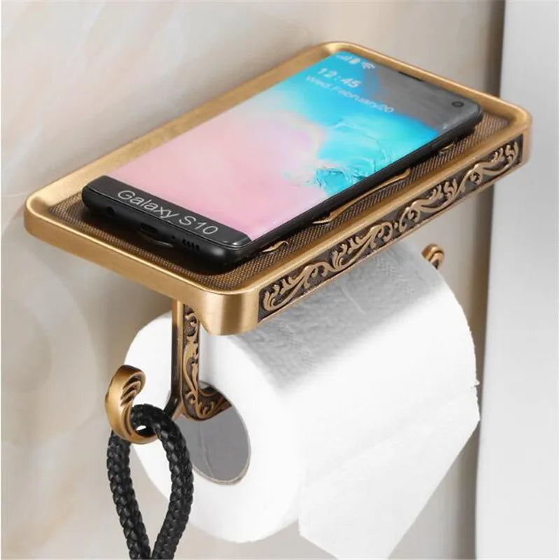 Afralia™ Antique Black Toilet Paper Holder with Phone Shelf