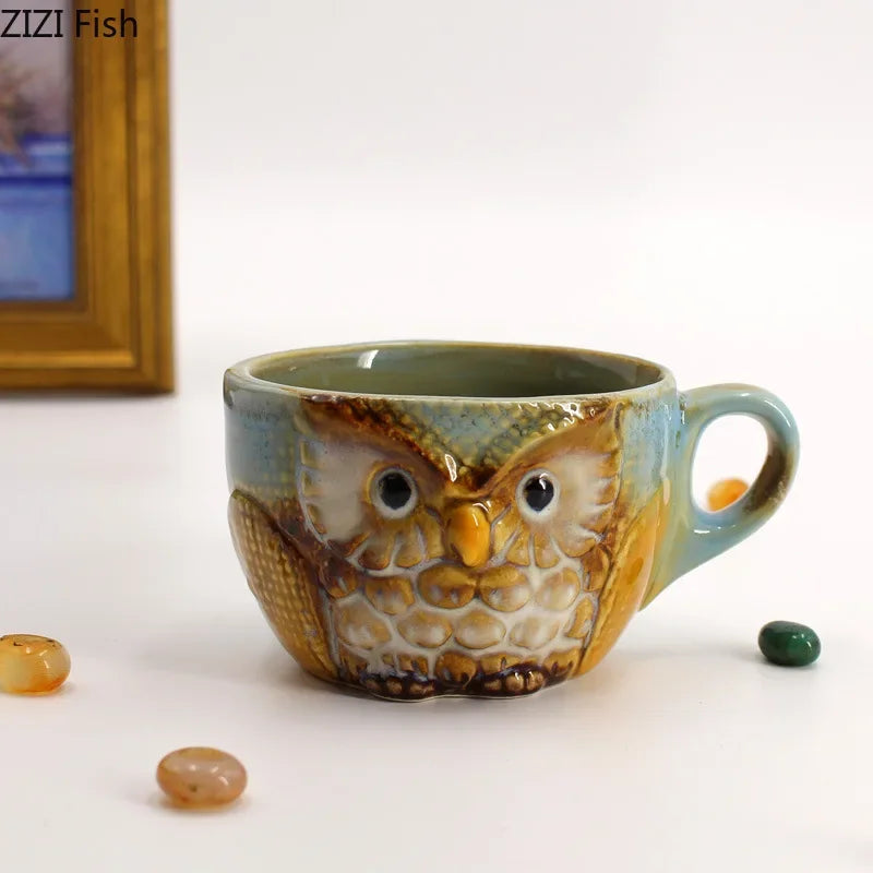 Afralia™ Ceramic Owl Relief Mug with Lid