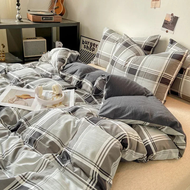 Afralia™ Japanese Style Check Duvet Cover Set - Soft Washed Quilt Cover & Pillowcase