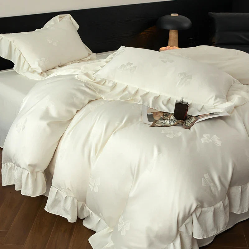 Afralia™ Princess Ruffles Bow Jacquard Cotton Bedding Set with Duvet Cover, Sheet, Pillowcases