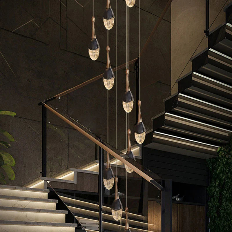 Afralia™ Gold LED Staircase Chandelier: Elegant Luxury Large Pendant Lamp for Living Room