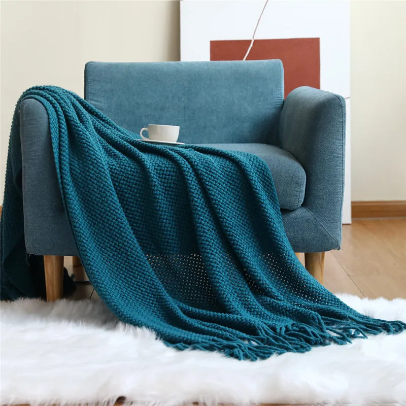 Afralia™ Cozy Nordic Knit Sofa Blanket with Tassels & Fleece Throw