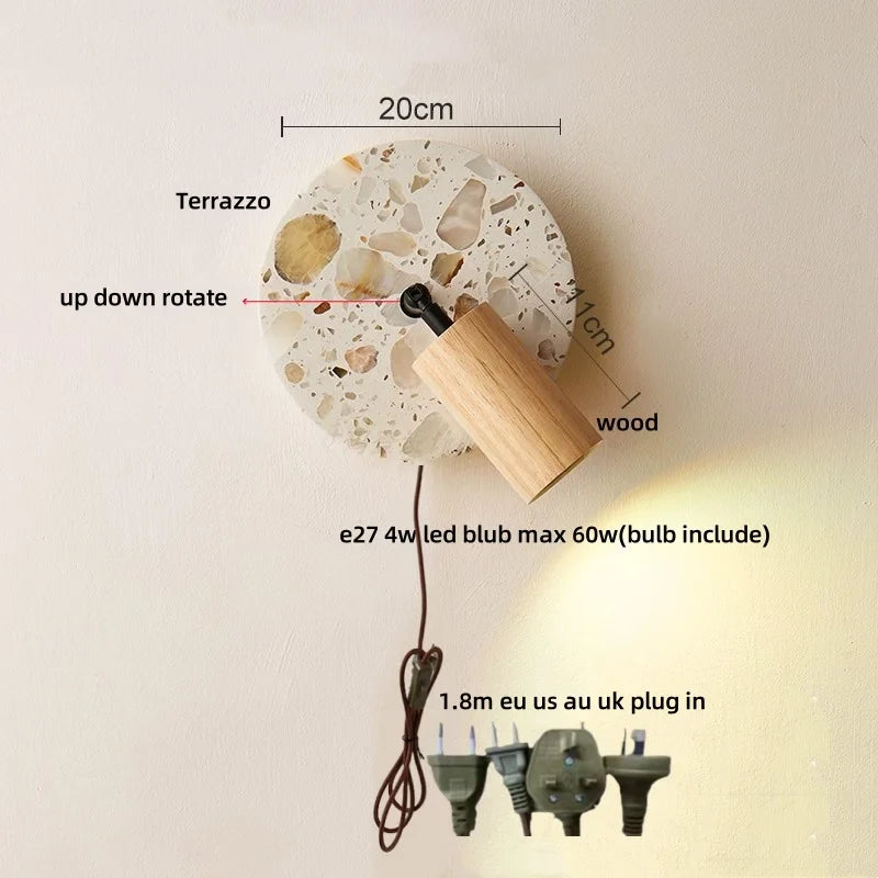 Afralia™ Terrazzo LED Wall Lights Iron Rotate Pull Chain Switch Wood Bedside Lamp