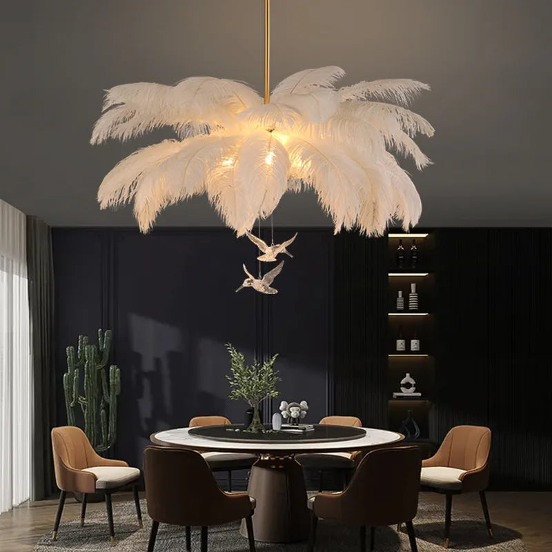 Afralia™ Ostrich Feather Gold Chandelier Lighting: Nordic Style Rod Hanging LED Chandelier for Living Room