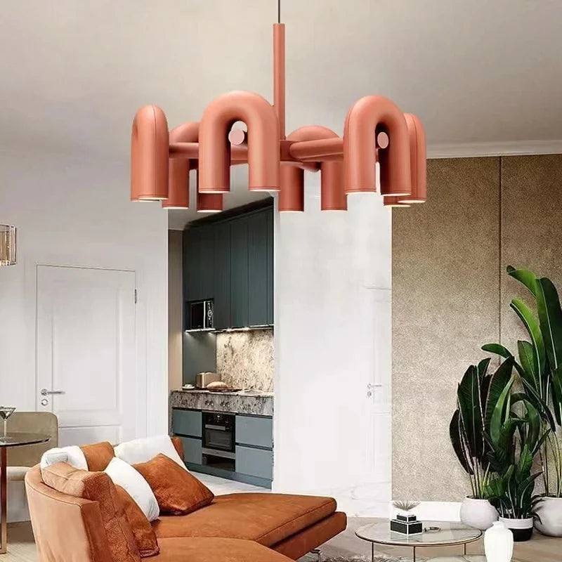 Afralia™ Art Deco Metal Chandelier in Black, Orange, and Gray - Adjustable Cord - Dining Room, Foyer, Bedroom Lighting