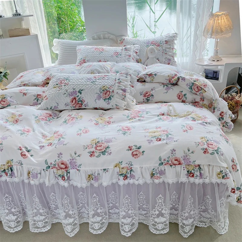 Afralia™ French Floral Print Bedding Set: Duvet Cover, Lace Ruffles, Quilted Embroidery, Pillowcases