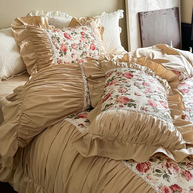 Afralia™ Vintage Floral Lace Ruffles Bedding Set, 100% Cotton, Duvet, Sheets, Pillowcases
