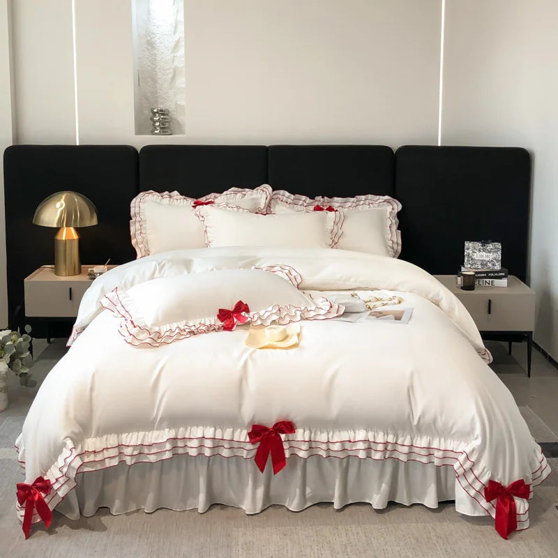 Afralia™ Korean Lace Ruffles Bedding Set with Black Bow Accent