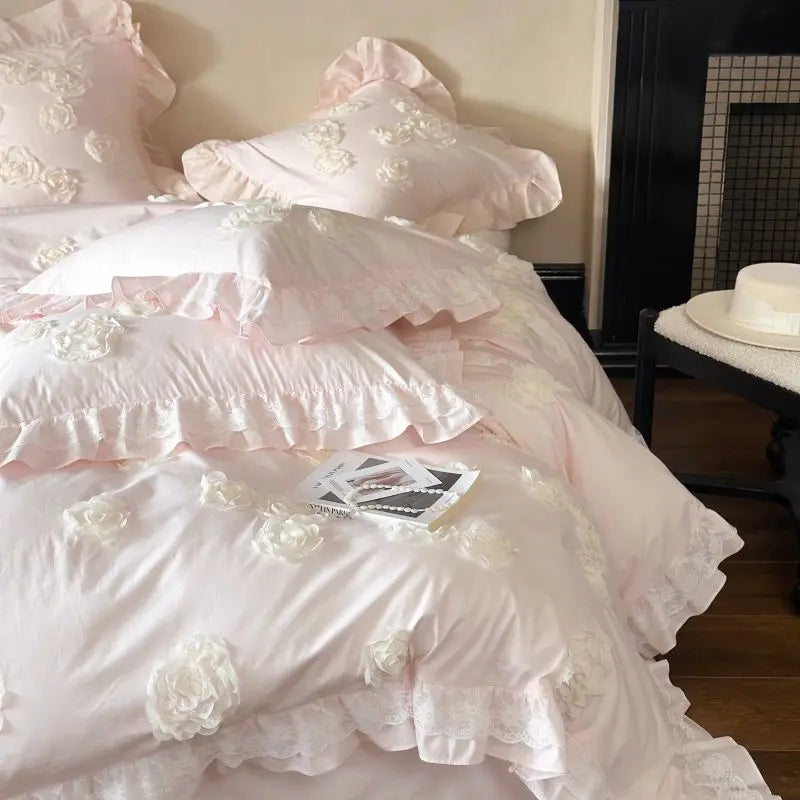 Afralia™ Pink Flowers Ruffles Princess Wedding Bedding Set - Soft Washed Cotton