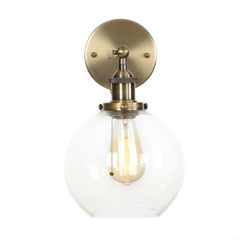 Afralia™ Vintage Glass LED Wall Sconce Iron Pull Chain Switch Light