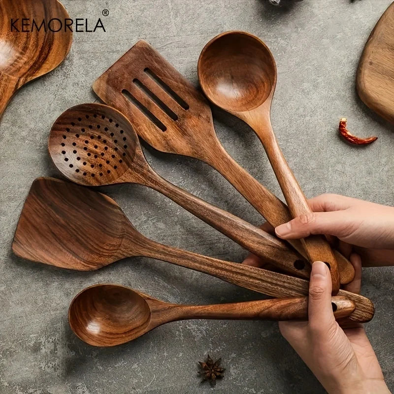 Afralia™ 5PCS Teak Wooden Cooking Spoon Set - Natural Kitchen Tableware Tools