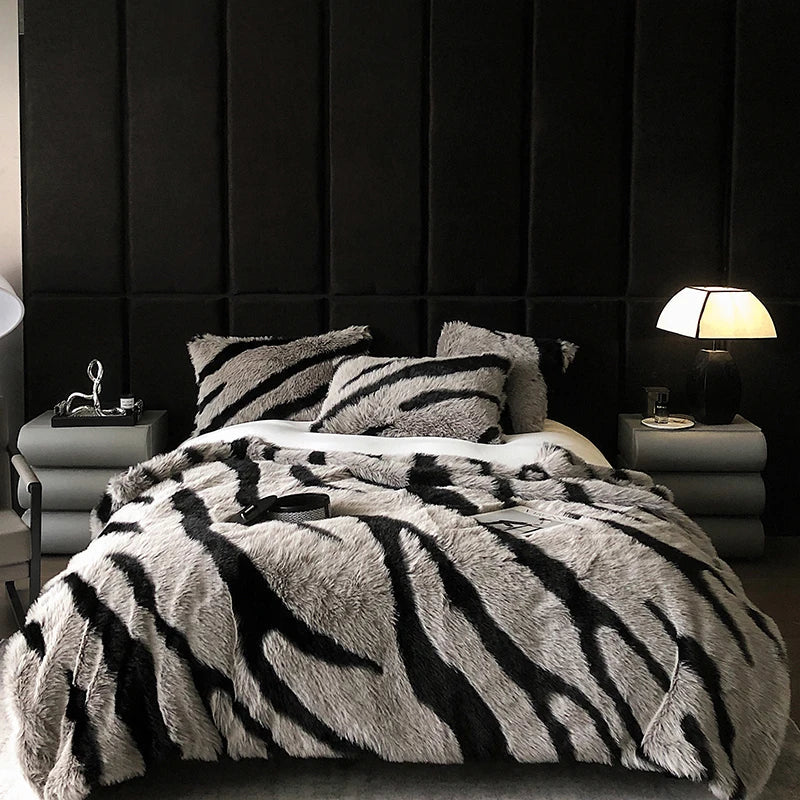 Afralia™ Zebra Print Faux Fur Blanket - Luxurious Bed Linen, Fox Fur Throw, Sofa Plaid