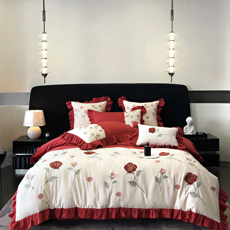 Afralia™ Vintage Pink Red Rose Flowers Embroidery Bedding Set with Ruffles