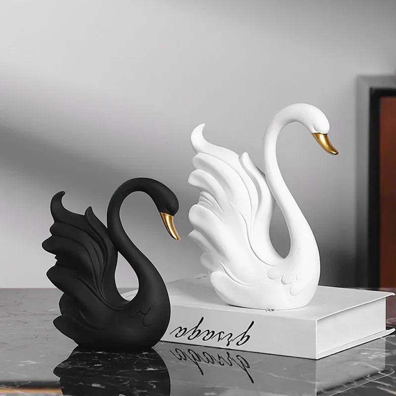 Afralia™ Swan Sculpture Set in Black & White Modern Decor Couple Statue Gift