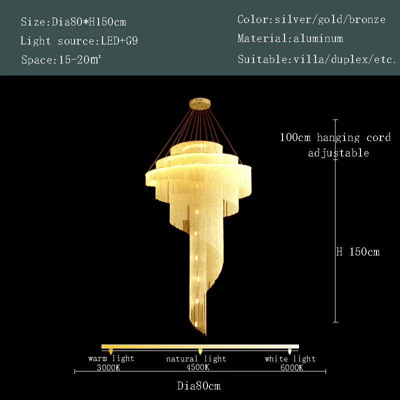 Afralia™ Spiral Staircase Chandelier Tassel Ceiling Light LED Lustres Silver Gold Decor