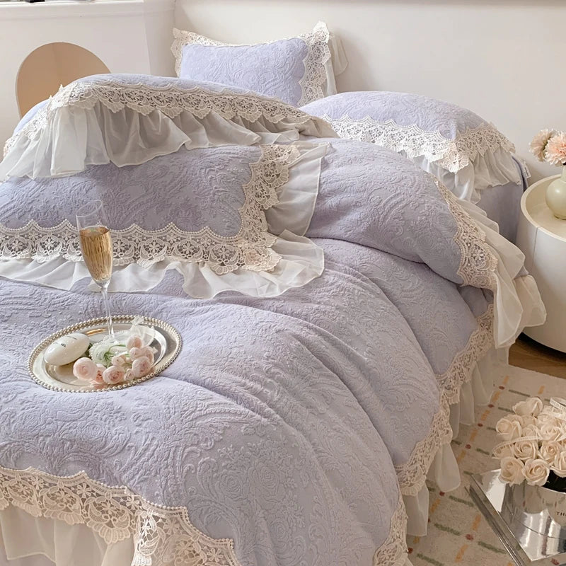 Afralia™ French Lace Ruffles Velvet Bedding Set, Furry Duvet, Sheet, Pillowcases
